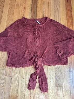Free People Rust Tie Front Henley Top Distressed Raw Hem Long Sleeve M